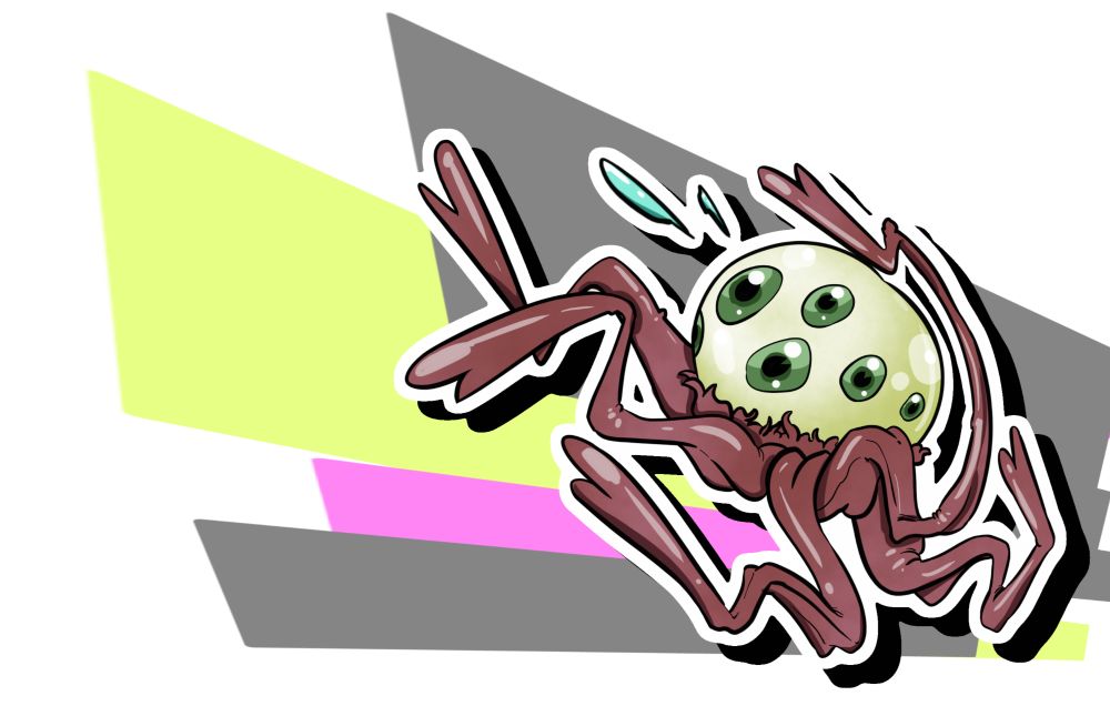 A drawing of a monstrous creature resembling an eyeball with tentacles 