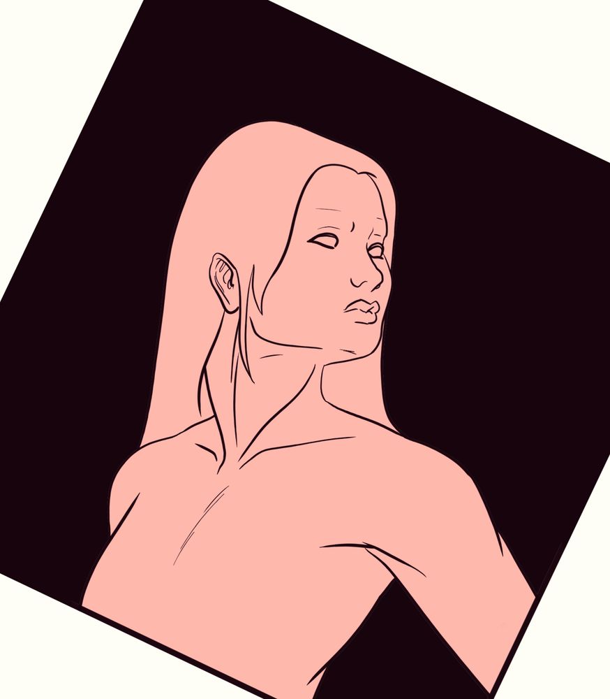 A pink portrait drawing of a feminine character with a diagonal black square background 