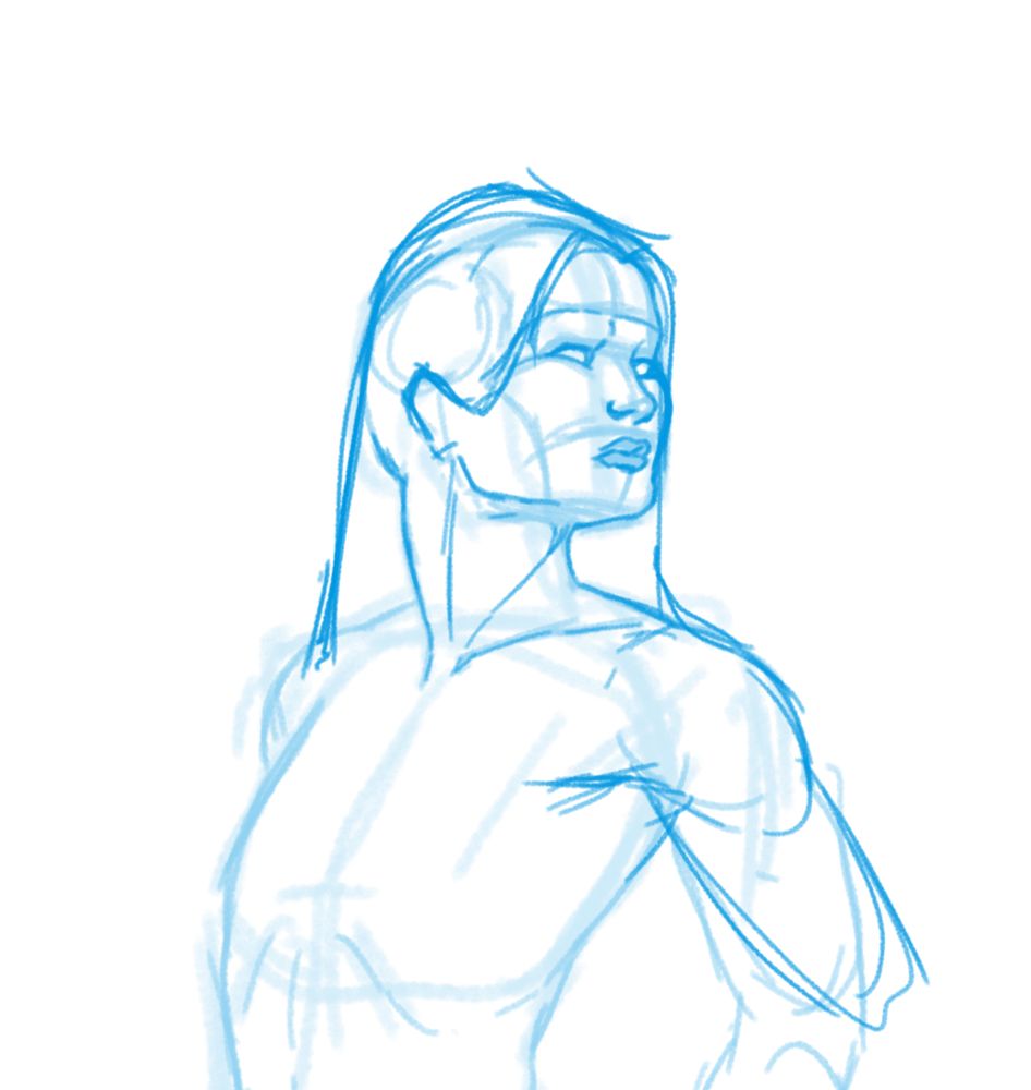 Rough digital blue pencil sketch portrait of a feminine character 