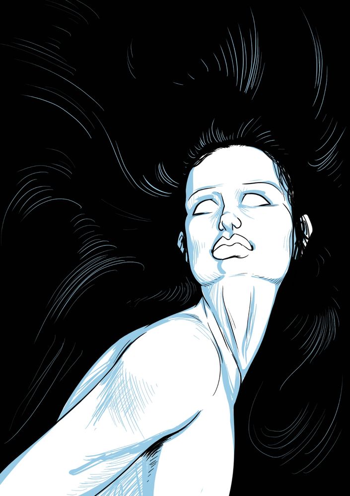 A drawing of a ghostly white feminine character with blank white eyes. Long, flowing, black hair makes up a dark background 