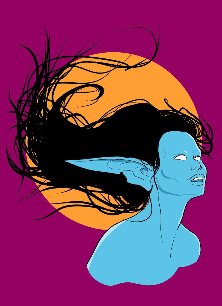 A portrait drawing of a blue skinned elf with long tangled black hair, blank white eyes, long pointed ears, maroon background with large orange circle representing a full moon