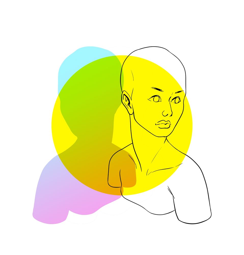 A stylised portrait of a feminine character with an overlapping mirrored vaporwave silhouette 