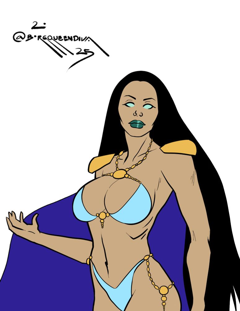 A drawing of a tall woman with bronze skin, long black hair, green pupil-less eyes, a long dark blue cape with yellow pauldrons, gold jewellery, light blue swimsuit style costume (closeup)