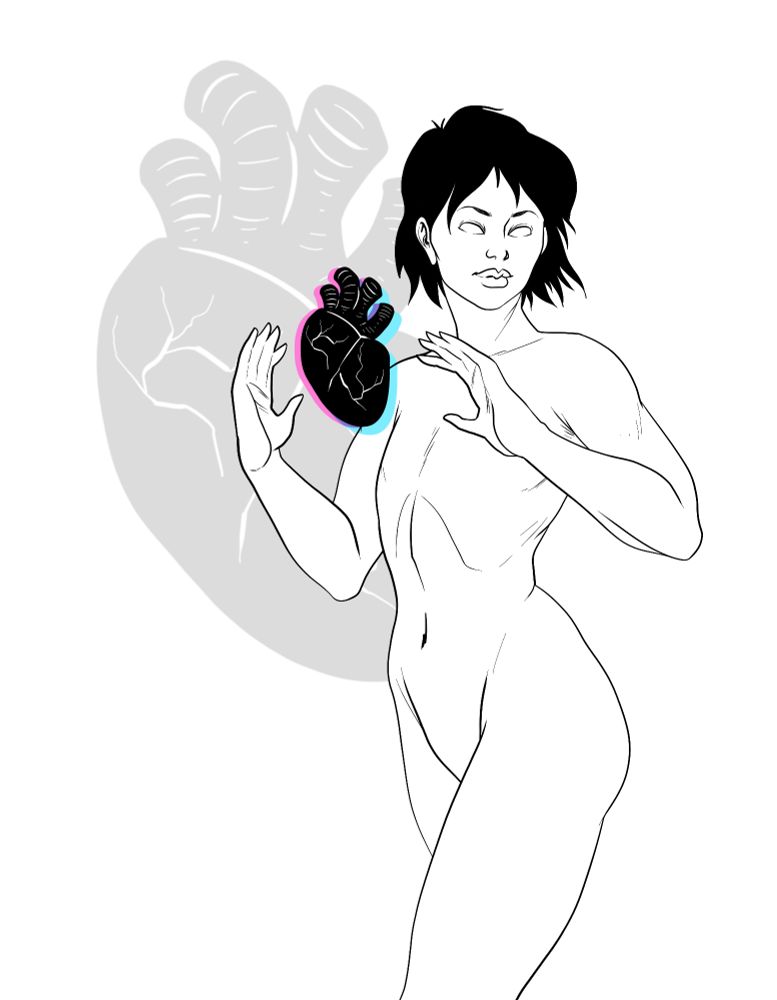 A black and white drawing of a feminine character with short black hair. Hands raised towards an image of a black human heart. In the background is a larger reproduction of the same image of a human heart 