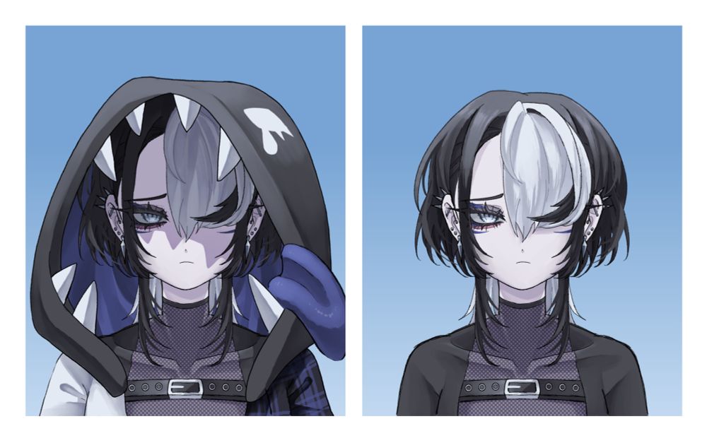 A portrait photo of Kou, with a hood on the left and without on the right 