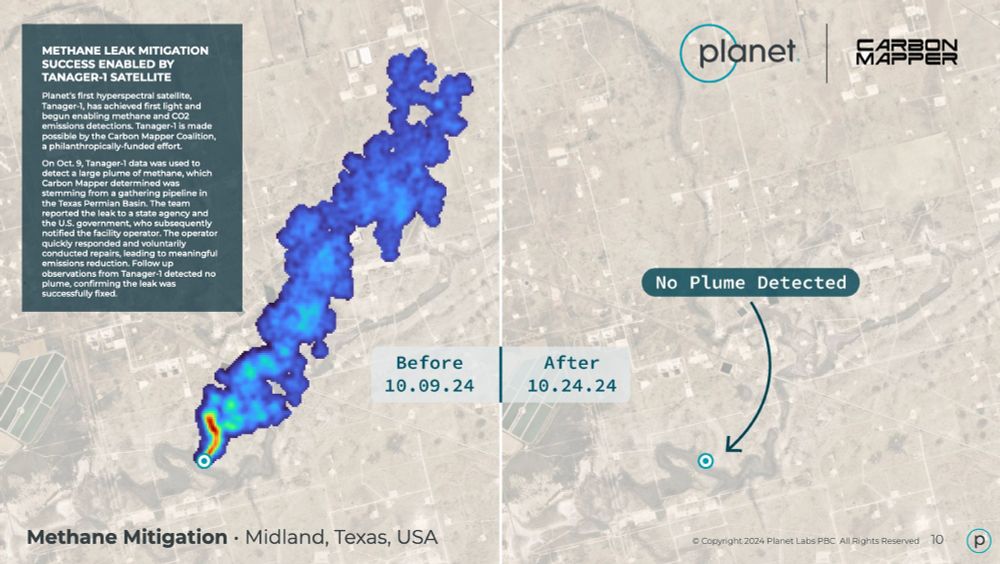 Left - a large methane plume from a leaking oil and gas pipeline was detected in the Texas Permian Basin by Tanager-1 on Oct. 9. After being shared with federal and state agencies, the leak was voluntarily fixed by the operator. Right - a subsequent Tanager observation on Oct. 24 detected no methane. 