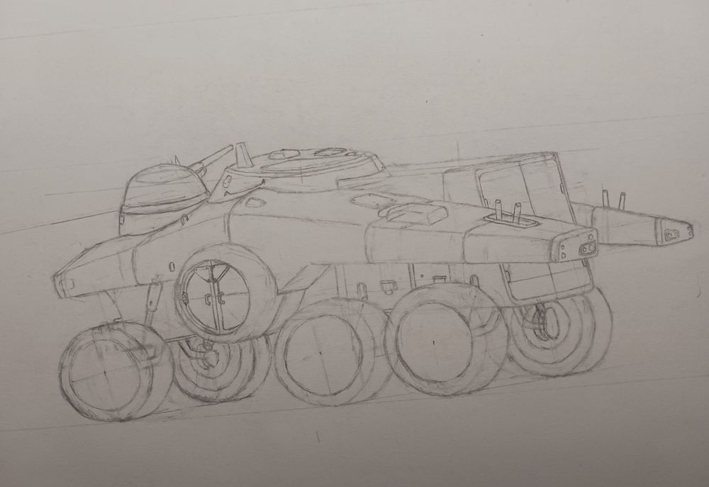 rough sketch of a six-wheeled IFV. it has a small turret closer to the front of the hull, a cylindrical hull section in the middle, and then a cube-shaped hull section emerging from rear of the cylinder with exit doors in the back. 
the gun is pointing to the upper right, into the horizon. there's some sort of spike on top of the turret close to the gun, and the part of the hull under the turret has a small viewport. the front of the hull has a wide armor panel applied to the bottom of it. the sponsons of the IFV are made up of sections of a thick, wide triangle that extends beyond the rear exit doors. the sponsons each have what looks like an air intake and two exhaust pipes sticking on top of the rear side, as well as turn signals at the rearmost parts. the cylindrical part of the hull roof has what looks like two periscopes, a giant quarter-circle exit hatch, and some other panels on the roof. there's also cylindical side exit doors under the sponsons, between the two front wheels and the four rear wheels. the IFV is going left and slightly into the horizon, so there's a good view of the rear of the vehicle and 5 out of the 6 total wheels. the wheels are attached to bent arms on the bottom of the hull as well as pistons sticking out the sides of the hull. 