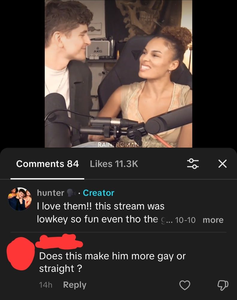 screenshot of a tiktok comment on my edit of blake and etta where someone said "Does this make him more gay or straight ?"