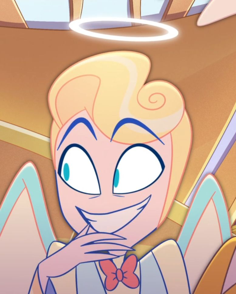 st peter from hazbin hotel grinning with his hand on his chin