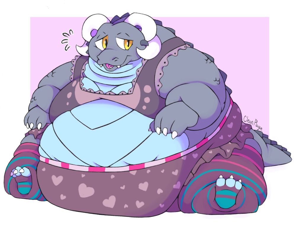 a massive, barely-mobile gray dragon, dressed in a skirt, a spandex top, and stockings.