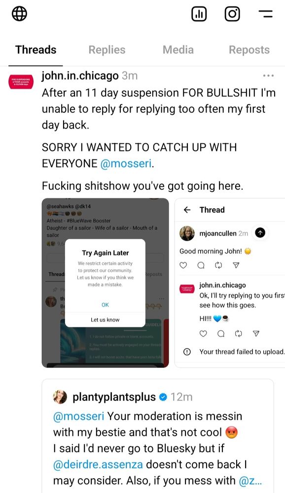 I got the time out for replying back to too many people who were happy my 11 day suspension was over.