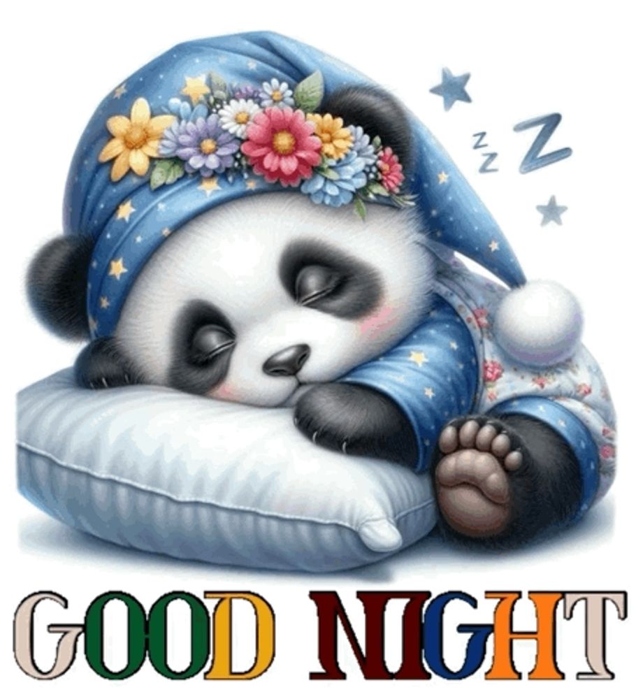 a panda bear is sleeping on a pillow with the words " good night " written below it