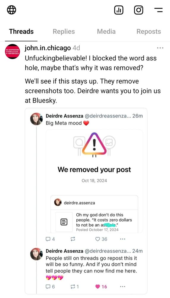 Deirdre was suspended for showing a video of some big ass truck parked in a handicap spot blocking a handicapped person from being able to get to her car.