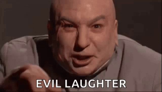 a bald man is making a funny face and pointing at the camera with the words `` evil laughter '' .