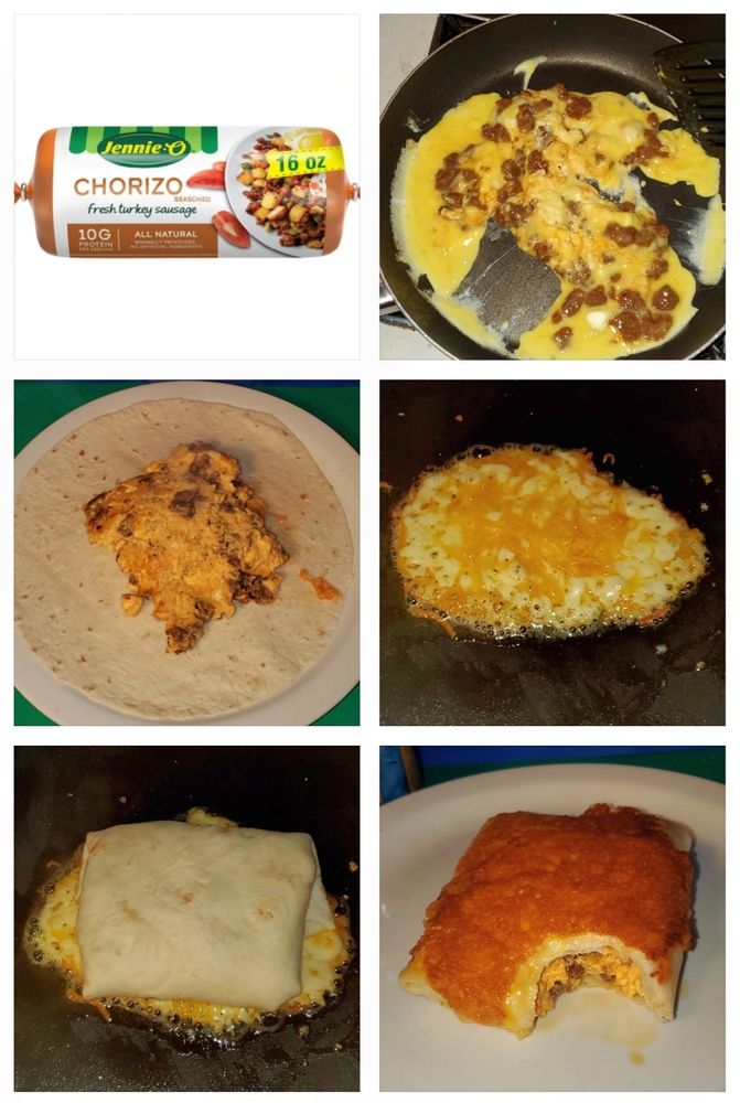 Top L: Tube of Turkey chorizo 
Top R: Eggs and chorizo heating
Middle L: Eggs and chorizo on tortilla 
Middle R: Cheeses grilling 
Bottom L: Burrito on cheeses, open side down
Bottom R: Mmmmmmmmm 🌯