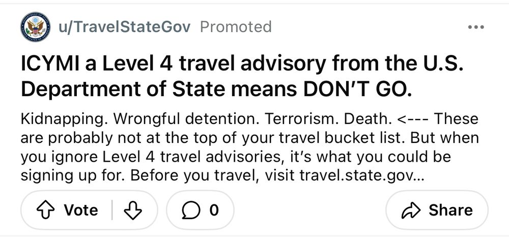 “TravelStateGov warning about level 4 travel advisory”