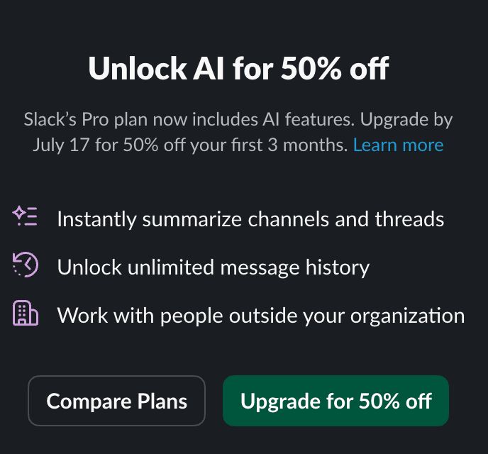 Slack ad: "Unlock AI for 50% off"