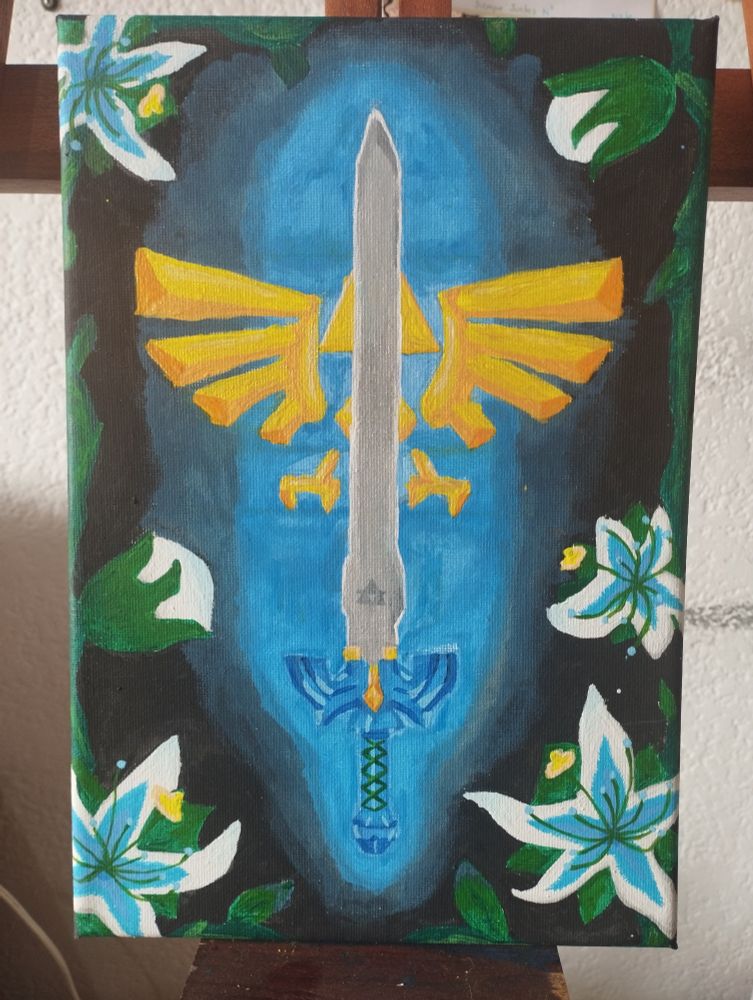 The Master Sword, glowing with a blue light, is surrounded by Silent Princess flowers, with the Hylian royal crest in the background