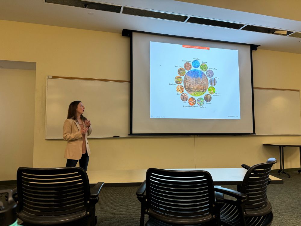 Student standing in front of a PowerPoint
