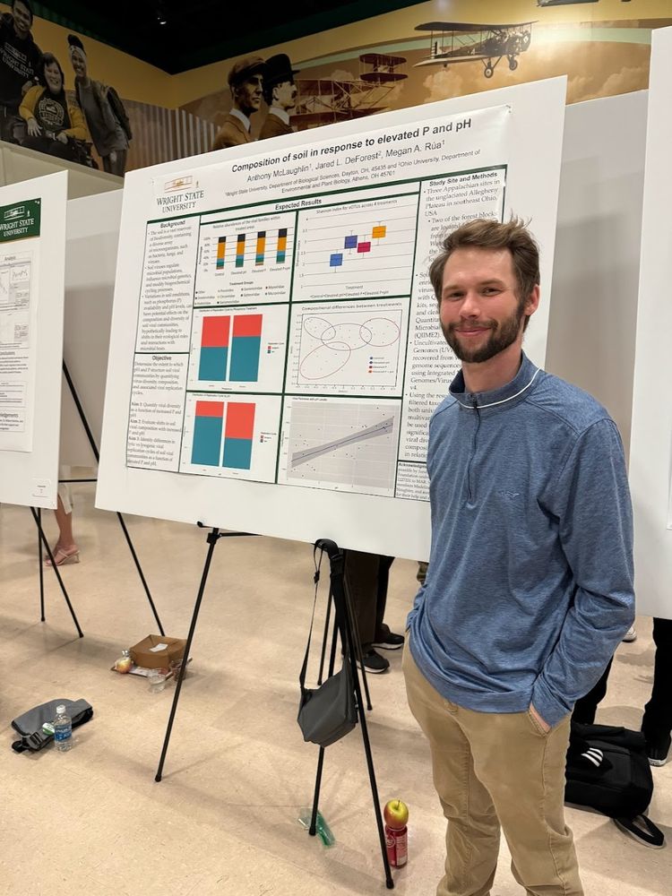 Student standing in front of a research poster.