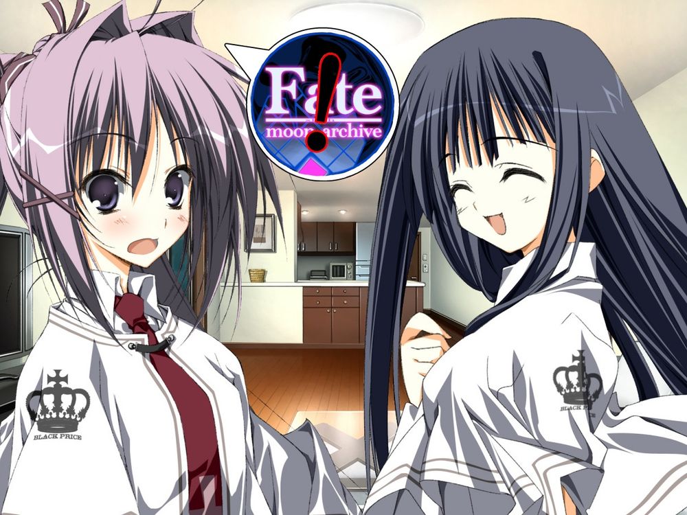 kagami and zakuro from visual novel subahibi looking surprised and delighted with the fate/moon archive podcast art in a speech bubble pointing to kagami’s hair