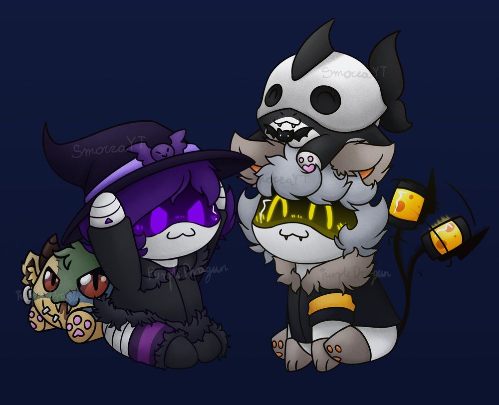 Uzi Plushie in witch hat with crow symbol and Zombie Emotional Support Demon plushie (The Click uwu) behind her. N is wearing paw gloves on his hands and feet while wagging his tail and having a Ghost Mango plushie (uwu) on his head.