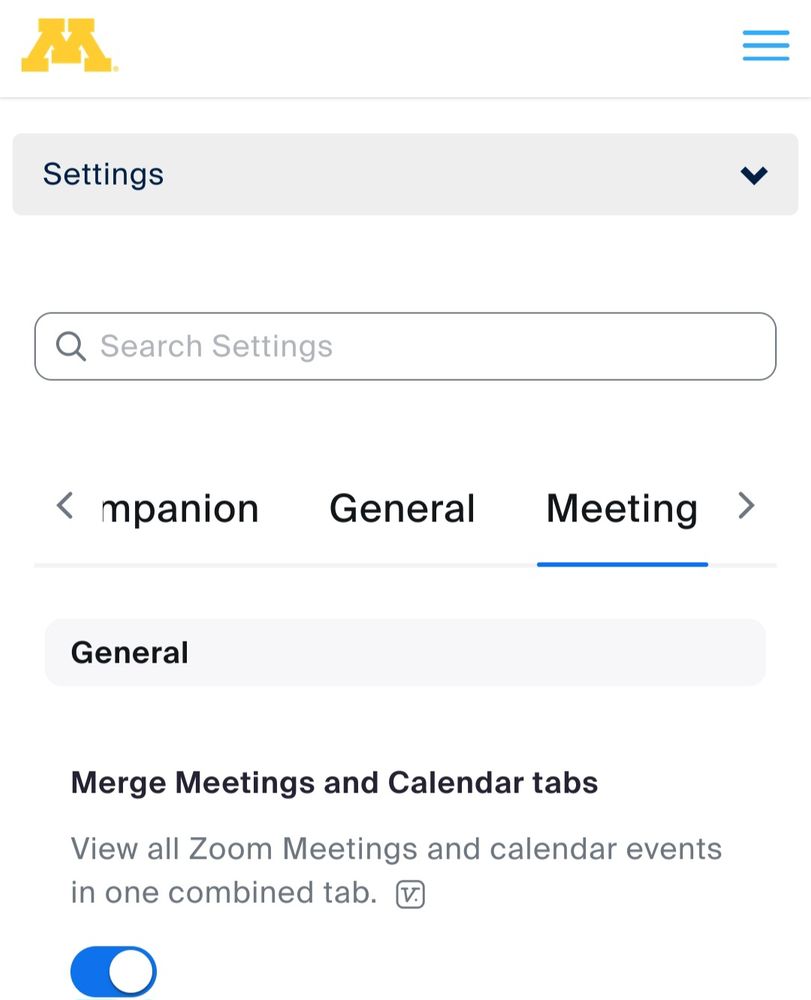 Section of UMN Zoom settings that screen sharing settings is under (looks a little different on a larger screen)