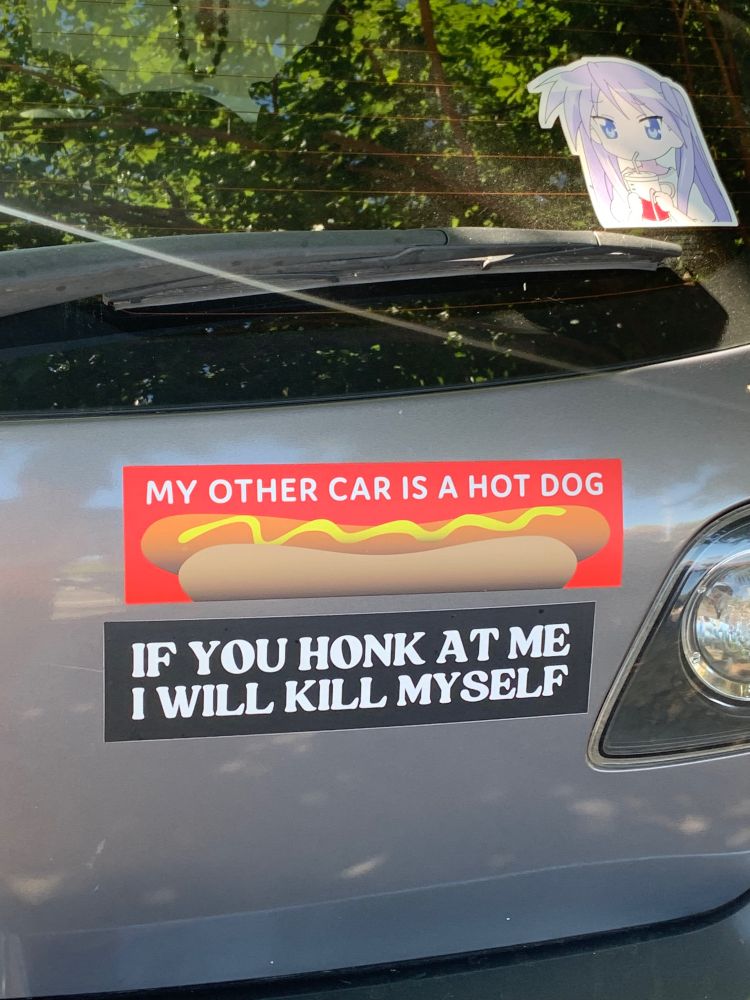 the back of a grey car. there is an anime girl sticker on the back window. there are two bumper stickers:

"my other car is a hot dog" above a picture of  a hot dog with mustard

and

"if you honk at me i will kill myself"