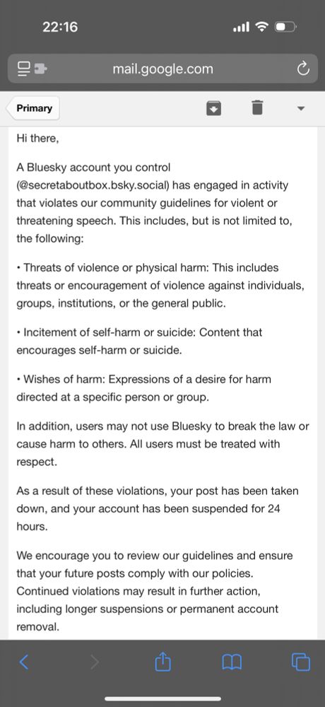 an email from bluesky saying i was suspended for violent threats 