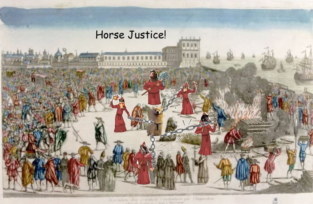 The Law Dog has committed horse fraud by running in the Kentucy Derby. Now he faces horse justice. Horses pull his body apart with chains while another horses awaits with an axe. The Law Dog's request with a horse tranquilized or blindfold has been refused on the grounds he most feel and see every second of his terrifying and painful execution 