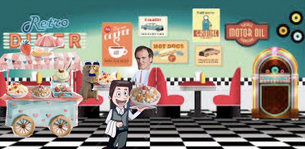 The Law Dog, or as Chadwick calls him "Fraud Dog," is at a dinner. He is wearing the John F. Kennedy Junior disguise and dining with Pulp Fiction director Quentin Tarantino.

He has a large bowl of ambrosia salad, a waiter is bringing more ambrosia salad, and there is cart of ambrosia salad.

Ambrosia salad is for patriots. Fraud is not patriotic. Therefore it is unearned as it meant for JFK Jr. not an evil canine like the FRAUD Dog! 