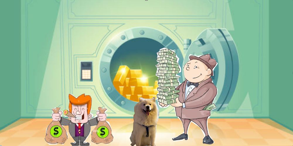 The Law Dog, better known as the Fraud Dog, is at the bank to get a loan to cover his payroll. The bankers are bringing comically large bags and stacks of greenbacks while a vault continaing large gold bars is open. Everyone's heights are disproportionate suggesting the world of the Law Dog is one of distorations 