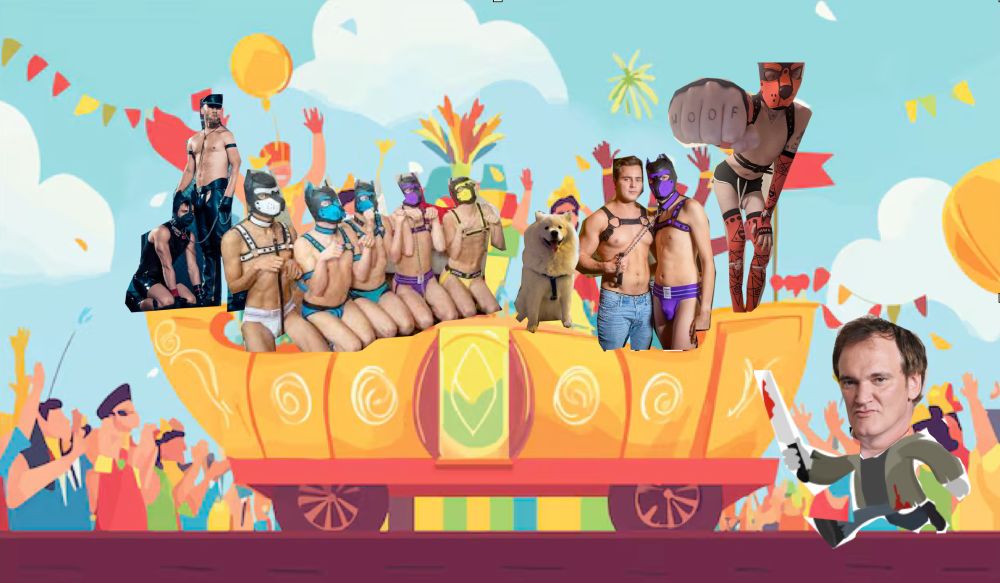 Famed director Quintin Tarantino is covered in blooding jogging vigorously with a knife.

The Fraud Dog is on a parade float with adult homosexuals dressed in a type of bondage gear associated with "pup play." Great hilarity ensues.