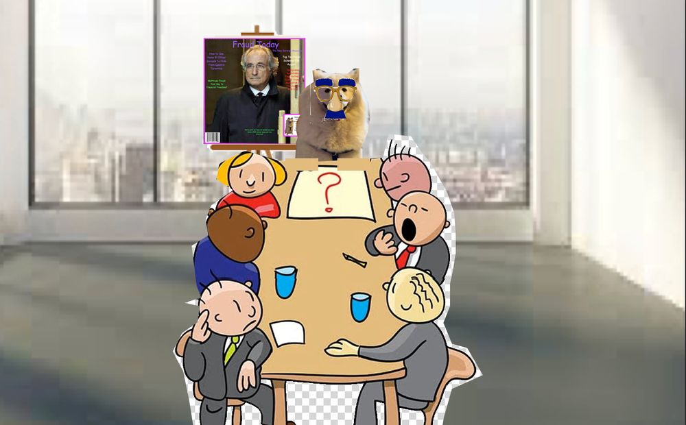 The Law Dog whom Chadwick calls "Fraud" Dog is wearing a classic John F. Kennedy Jr. Disguise during a meeting of the George Magazine Board of Directors.

On a easel is a magazine cover for FRAUD TODAY: The New George Magazine. Headlines included "Mattress Fraud Your Key to Financial Freedom" and "Top Ten Ponzi Schemes For August"

The board of directors is visibly concerned.