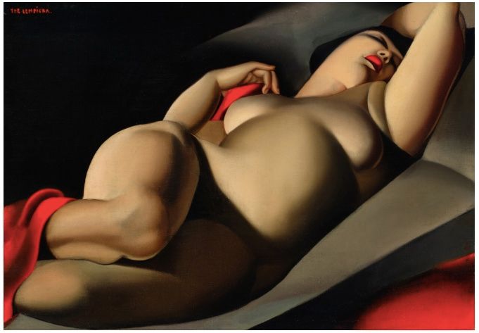 naked woman reclining on a bed with a dark background and a red sheet