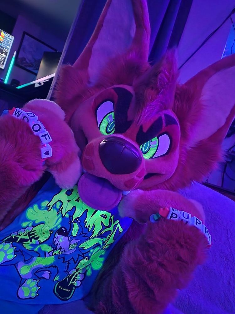 Scoot fursuit wearing fursuit-sized kandi bracelets that say "woof" and "puppy." Scoot is wearing a shirt that says RAWR XD with a wolf holding monster cans. The green colors glow under a blacklight.