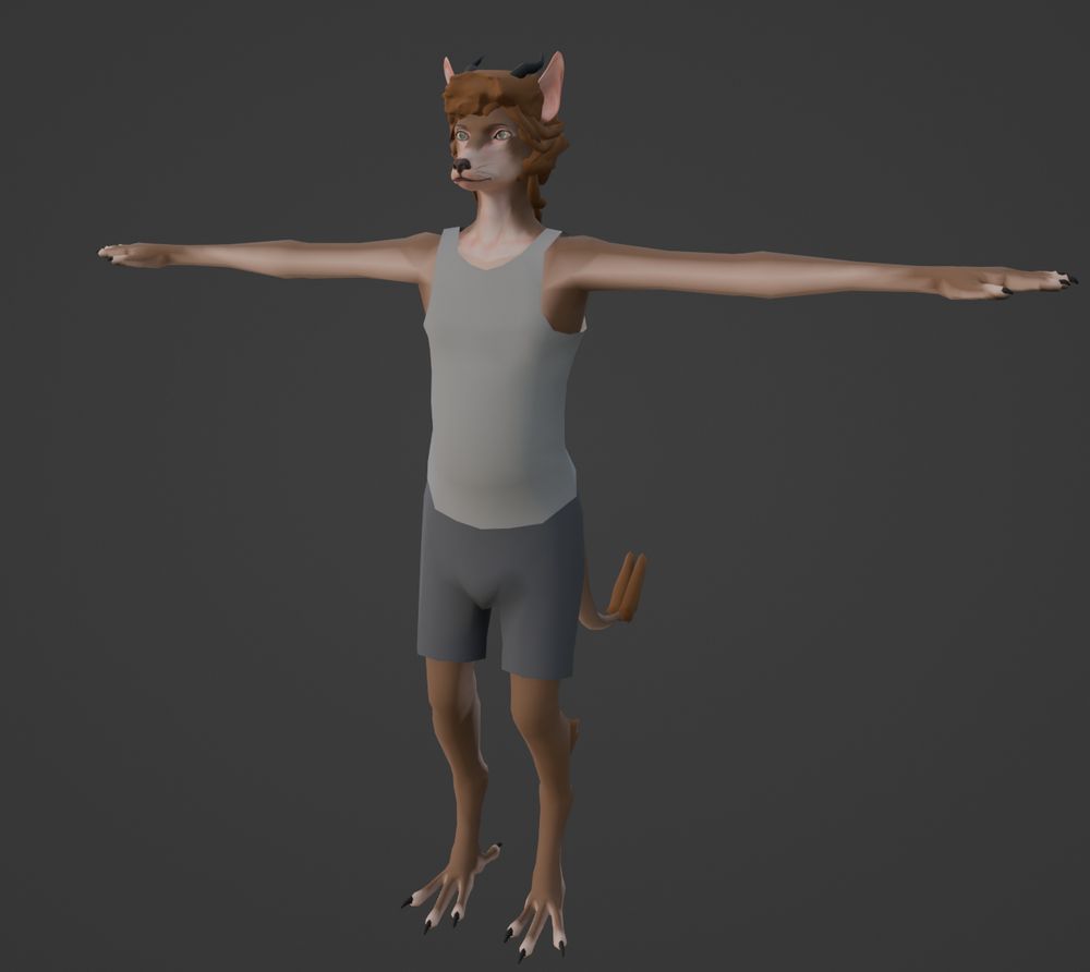 A 3d render of a fox-like anthro character with bird feet and horns in a t-pose. They wear a simple tank-top and shorts and have brown fur.