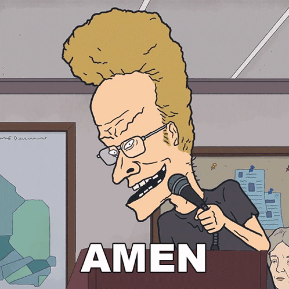 a cartoon of a man with glasses holding a microphone with the word amen behind him