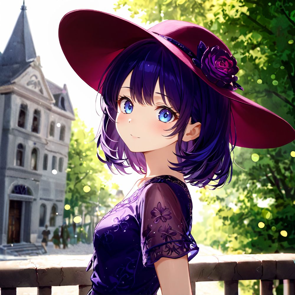 an animated female character with purple hair and blue eyes wears a purple dress with lace details a matching hat with a red rose and stands in front of a grand building with a pointed roof