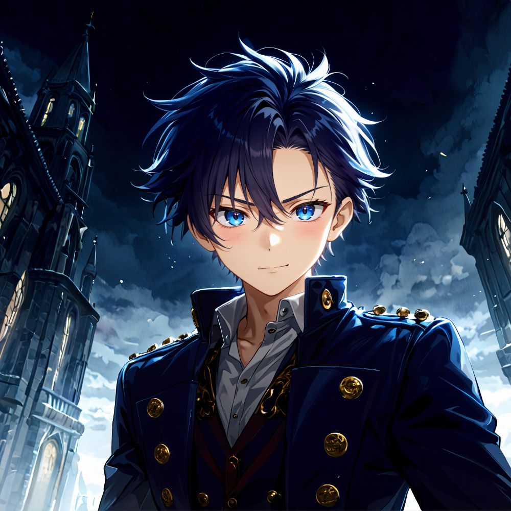 an animated man with dark blue hair and piercing blue eyes wears a dark blue jacket with gold buttons and a white shirt standing before a gothic - style cathedral amidst a stormy night sky