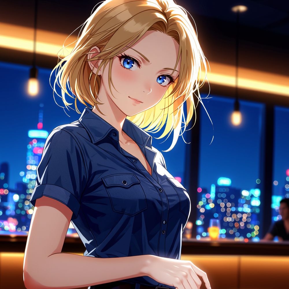an animated female character with blonde hair and blue eyes wearing a blue shirt and black belt stands in a dimly lit bar with a cityscape visible through a large window behind her