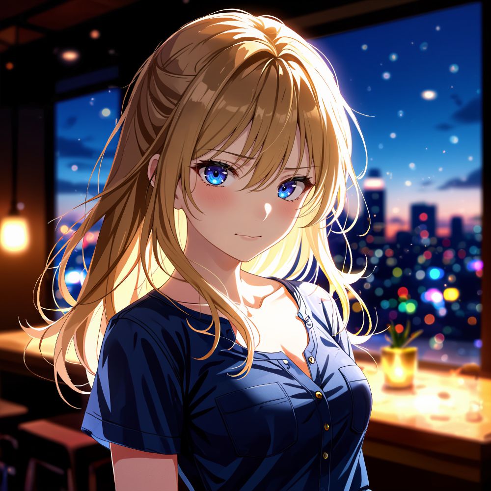 an animated female character with blonde hair and blue eyes wearing a blue top stands in a dimly lit room with a cityscape view at night
