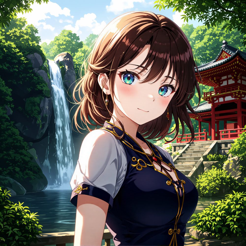 an animated female character with brown hair blue eyes and a blue and gold outfit stands in front of a serene landscape featuring a waterfall red torii gate and lush greenery with a clear blue sky