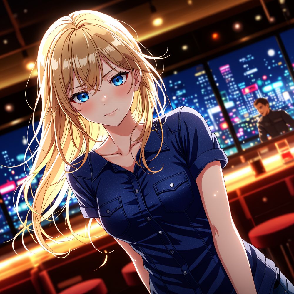 an animated female character with blonde hair and blue eyes wearing a blue shirt stands in a dimly lit bar or lounge with a cityscape visible through a large window