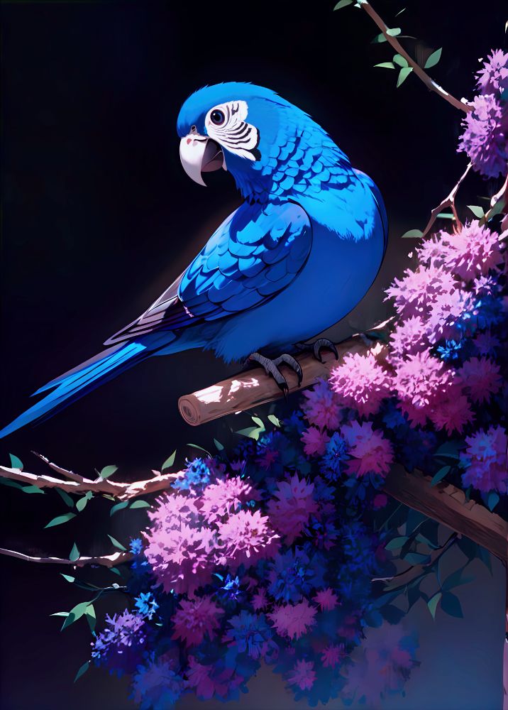 a blue parrot perched on a branch of purple flowers, with a dark background. the parrot is surrounded by a variety of flowers, including pink and blue blooms, and it appears to be perched on a branch or branch. the overall scene is serene and mystical, with a predominantly blue and purple color palette.