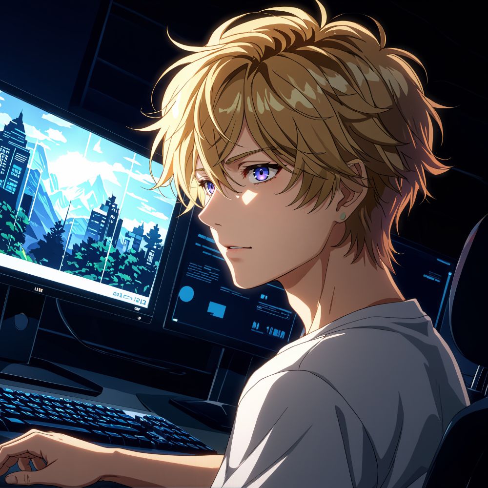 an animated character with blonde hair and purple eyes wearing a white t - shirt sits in front of a computer in a dimly lit room with a cityscape view