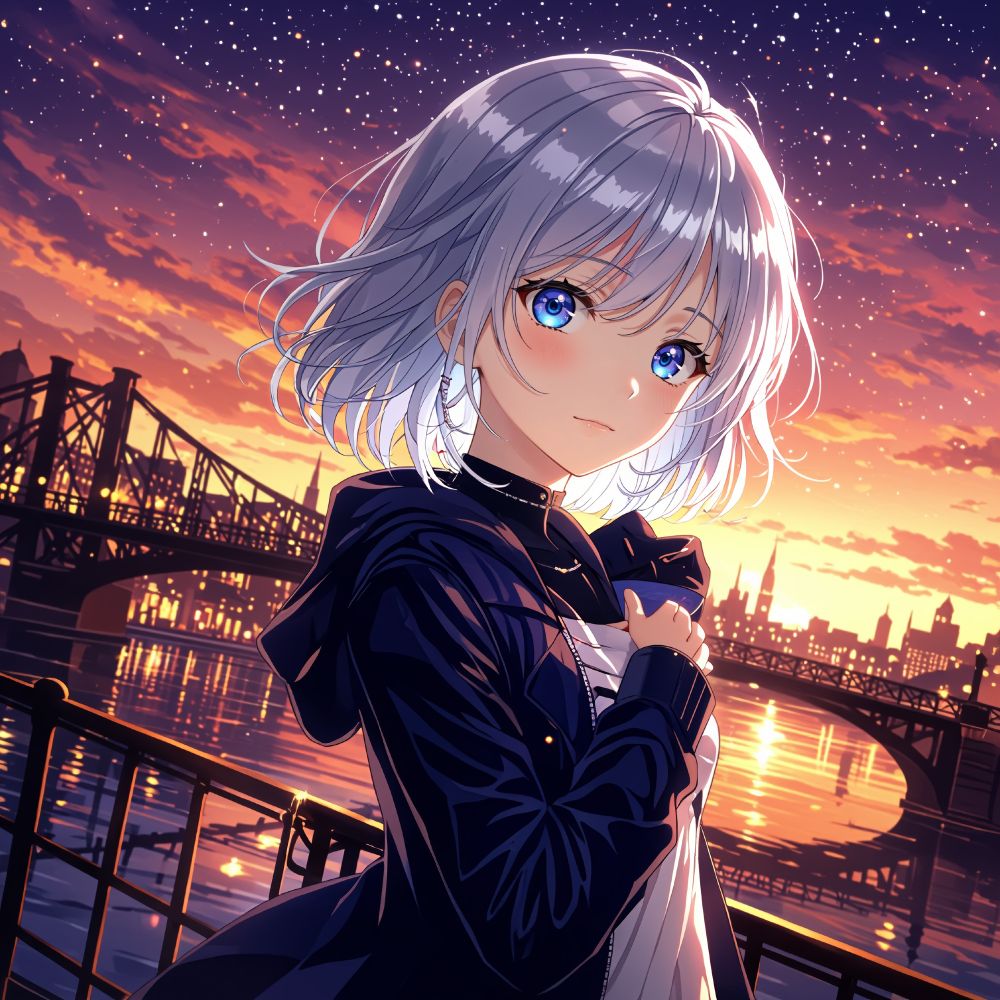 an animated female character with silver hair and blue eyes wearing a dark jacket and holding a white cloth stands on a bridge during sunset  with a cityscape reflected in the water below and a warm sunset