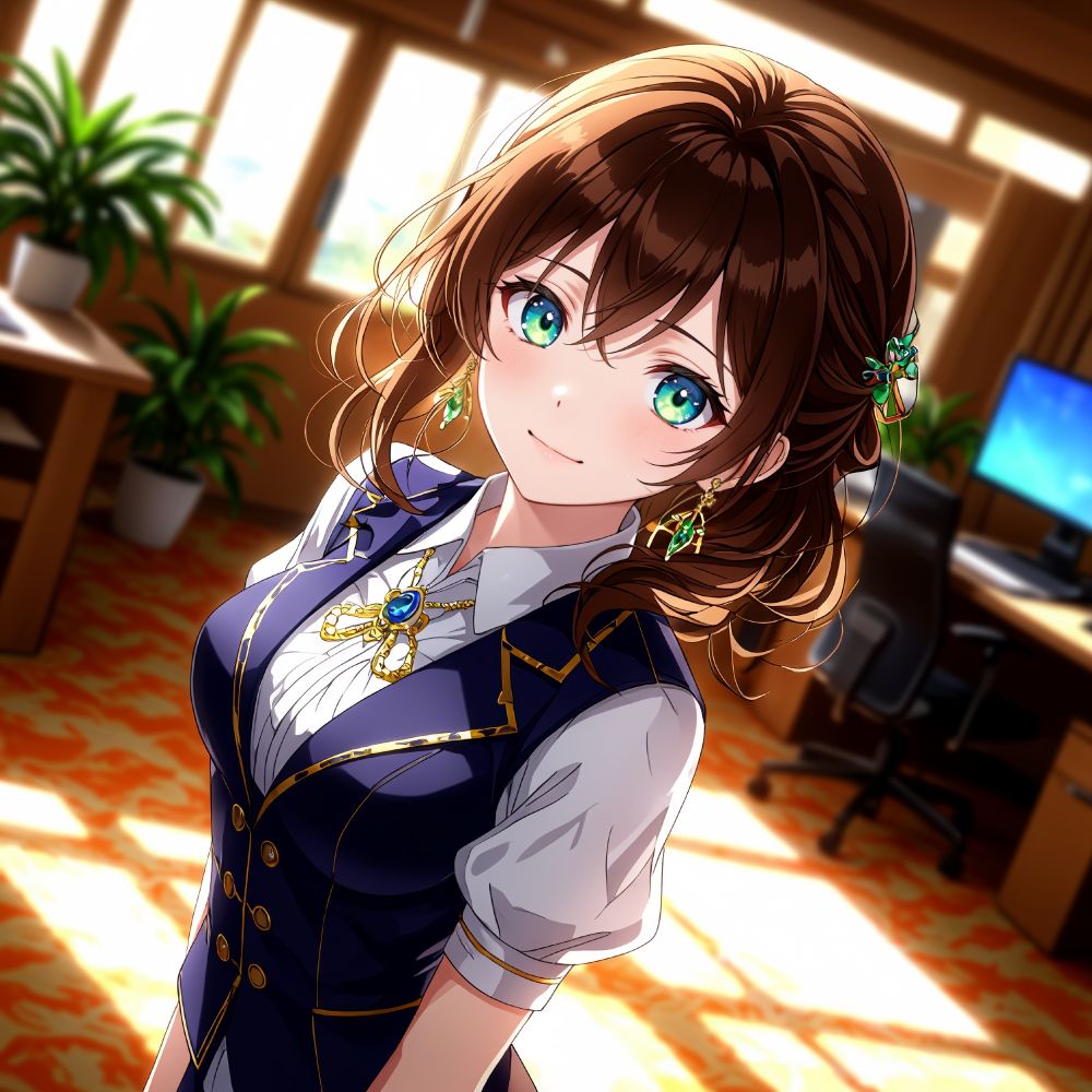 an animated female character with brown hair and blue eyes wearing a blue and gold outfit with a white collar and a blue ribbon sits in a well - lit room with a desk computer and potted plants