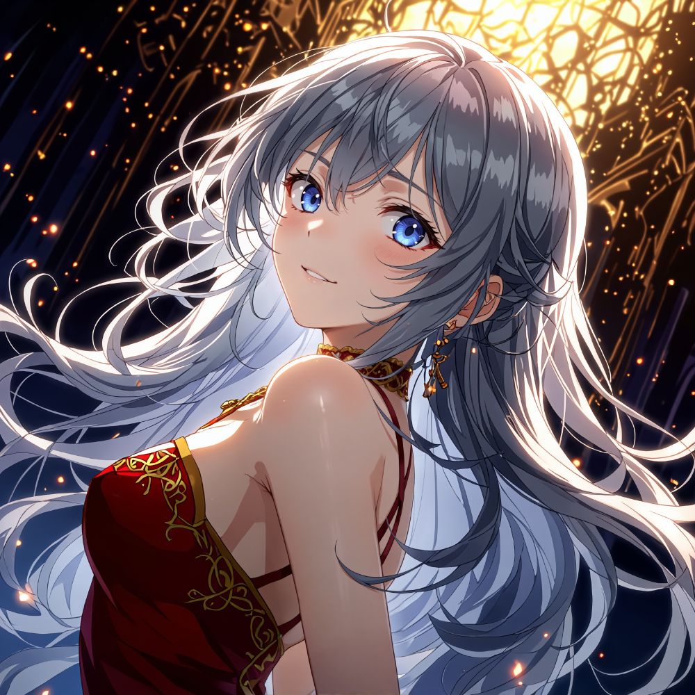 an animated female character with silver hair and blue eyes wears a red and gold dress with intricate patterns standing in front of a dark background
