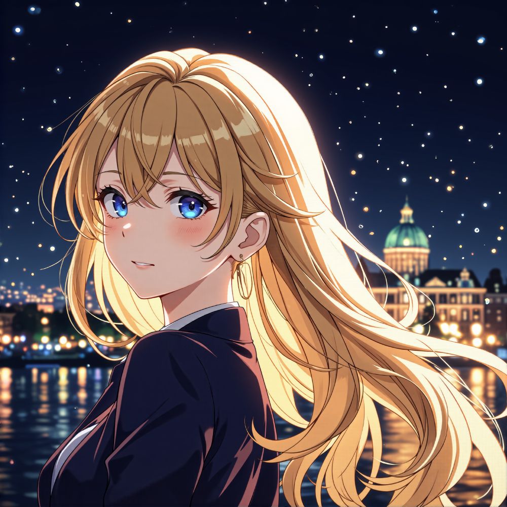 an animated female character with blonde hair and blue eyes wearing a dark outfit with a white collar stands in front of a cityscape at night  surrounded by a starry sky and reflected city lights on sea